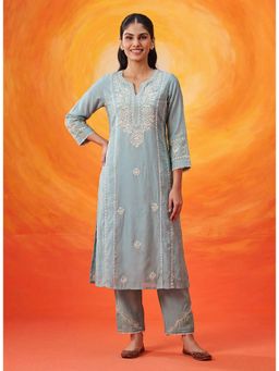 Lakshita - Women Blue Cotton Blend Embroidered Kurta and Pant