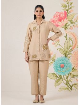 Lakshita - Women Beige Embroidered Linen Co-Ord Set