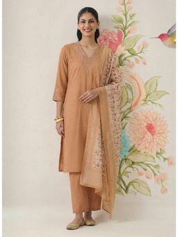 Lakshita - Women Mustard Cotton Blend Embroidered Kurta with Pant and Dupatta