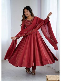 FAST FASHIONS - Women Maroon Embroidered Flared Anarkali Kurta with Pant & Dupatta