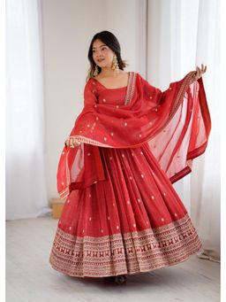 FAST FASHIONS - Women Red Embroidered Flared Anarkali Kurta with Pant & Dupatta