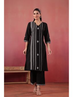 SAVI - Black Cotton Embroidered Kurta with Pant