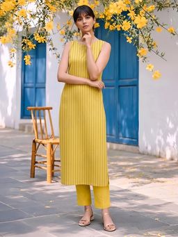 arangya - Yellow Stripes Printed Pure Cotton Kurta and Pant