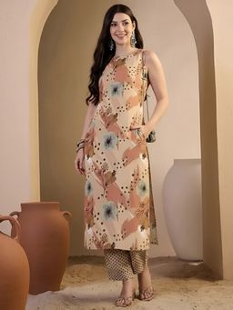 arangya - Beige Floral Printed Pure Cotton Kurta and Pant