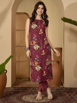 arangya - Maroon Floral Printed Pure Cotton Kurta and Pant