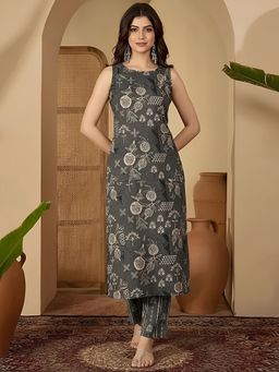 arangya - Grey Floral Printed Pure Cotton Kurta and Pant