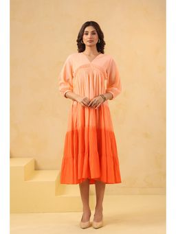 SAVI - Women Orange Cotton Dobby Ombre Flared Dress