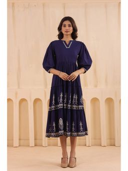 SAVI - Women Navy Blue Cotton Printed Flared Dress