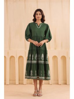 SAVI - Women Green Cotton Printed Designer Dress