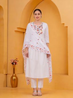 ARAMYA - White Polyester Embroidered Anarkali Kurta and Pant with Dupatta