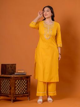 ARAMYA - Yellow Cotton Floral Kurta and Pant