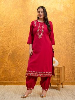ARAMYA - Red Synthetic Embroidered Kurta and Salwar
