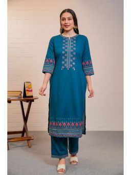 ARAMYA - Blue Cotton Embroidered Kurta and Pant