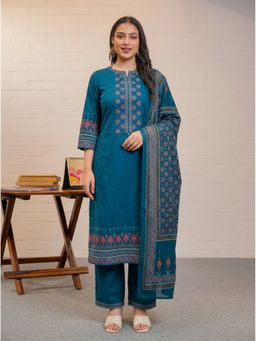 ARAMYA - Blue Cotton Embroidered Kurta and Pant with Dupatta