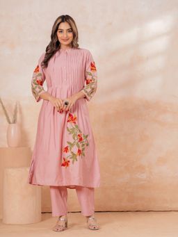 ARAMYA - Pink Cotton Embroidered Anarkali Kurta and Pant