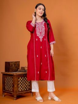 ARAMYA - Maroon Viscose Embroidered Kurta and Pant