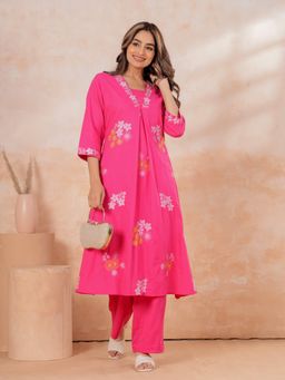 ARAMYA - Pink Cotton Embroidered Anarkali Kurta and Pant