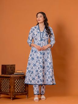 ARAMYA - Blue Cotton Linen Floral Anarkali Kurta and Pant