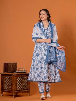 ARAMYA - Blue Cotton Linen Floral Anarkali Kurta and Pant with Dupatta