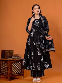 ARAMYA - Black Cotton Floral Anarkali Kurta and Pant with Dupatta