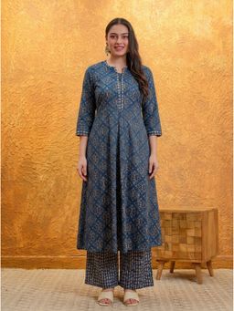 ARAMYA - Indigo Cotton Geometric Anarkali Kurta and Pant