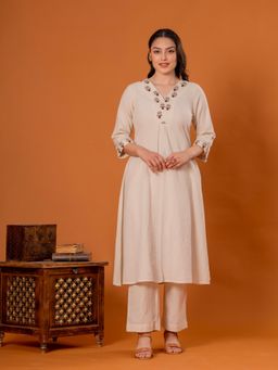 ARAMYA - Off White Cotton Linen Embroidered Kurta and Pant