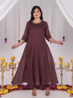ARAMYA - Brown Cotton Solid Anarkali Kurta and Palazzo