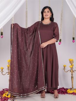 ARAMYA - Brown Cotton Solid Anarkali Kurta and Palazzo with Dupatta