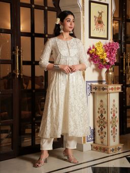 ARAMYA - Off White Silk Ethnic Anarkali Kurta and Pant