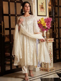 ARAMYA - Off White Silk Ethnic Anarkali Kurta and Pant with Dupatta