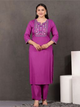ARAMYA - Purple Viscose Embroidered Kurta and Pant