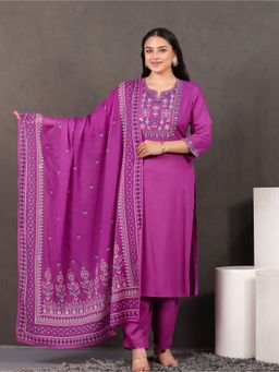 ARAMYA - Pink Viscose Embroidered Kurta and Pant with Dupatta