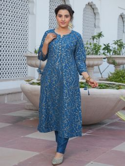 ARAMYA - Blue Polyester Ethnic Anarkali Kurta and Pant