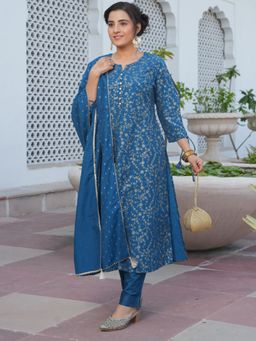 ARAMYA - Blue Polyester Ethnic Kurta and Pant with Dupatta