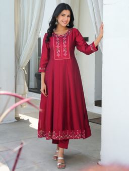 ARAMYA - Maroon Silk Blend Embroidered Anarkali Kurta and Pant