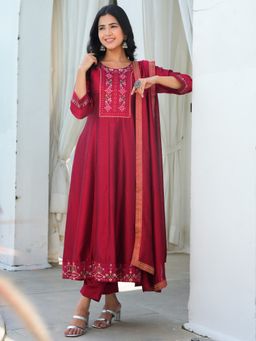 ARAMYA - Maroon Silk Blend Embroidered Anarkali Kurta and Pant with Dupatta