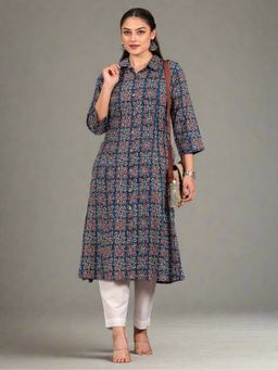 ARAMYA - Blue Cotton Geometric Kurta and Pant