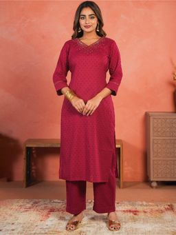 ARAMYA - Maroon Dobby Textured Kurta and Pant