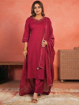 ARAMYA - Maroon Dobby Textured Kurta and Pant with Dupatta