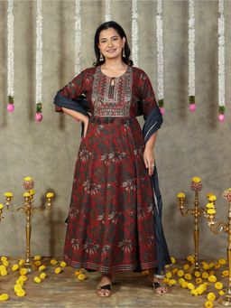 ARAMYA - Maroon Cotton Floral Anarkali Kurta and Pant with Dupatta