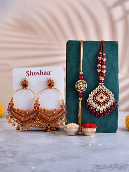 Shoshaa - Red Kundan Bhaiya Bhabhi Rakhi and Lumba with Earrings Gift Set with Roli Chawal