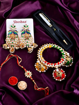Shoshaa - Bhaiya Bhabhi Rakhi Multi Beads Lumba with Pen and Earrings Gift Set with Roli Chawal