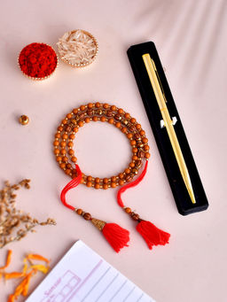 Shoshaa - Brown Rudraksh Beaded Bhaiya Rakhi with Pen Gift Set and Roli Chawal