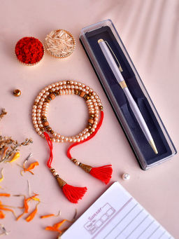 Shoshaa - Pearl Beaded Bhaiya Rakhi with Pen Gift Set and Roli Chawal