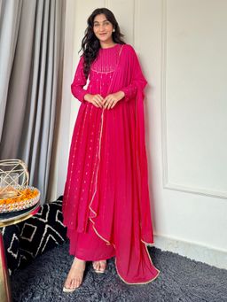 Janasya - Pink Georgette Foil Printed Anarkali Kurta with Palazzo and Dupatta (Set of 3)