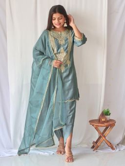 Janasya - Blue Silk Blend Kurta with Tulip Pant and Dupatta (Set of 3)