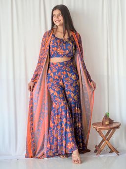 Janasya - Navy Blue Georgette Floral Printed Co-Ord (Set of 3)