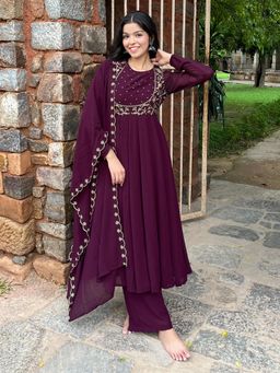 Janasya - Purple Georgette Embroidered Anarkali Kurta and Palazzo with Dupatta (Set of 3)