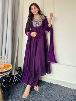 Janasya - Purple Silk Blend Embroidered A-Line Kurta and Palazzo with Dupatta (Set of 3)