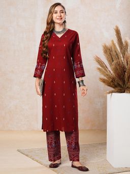 FASHOR - Maroon Abstract Printed Kurta with Pant (Set of 2)
